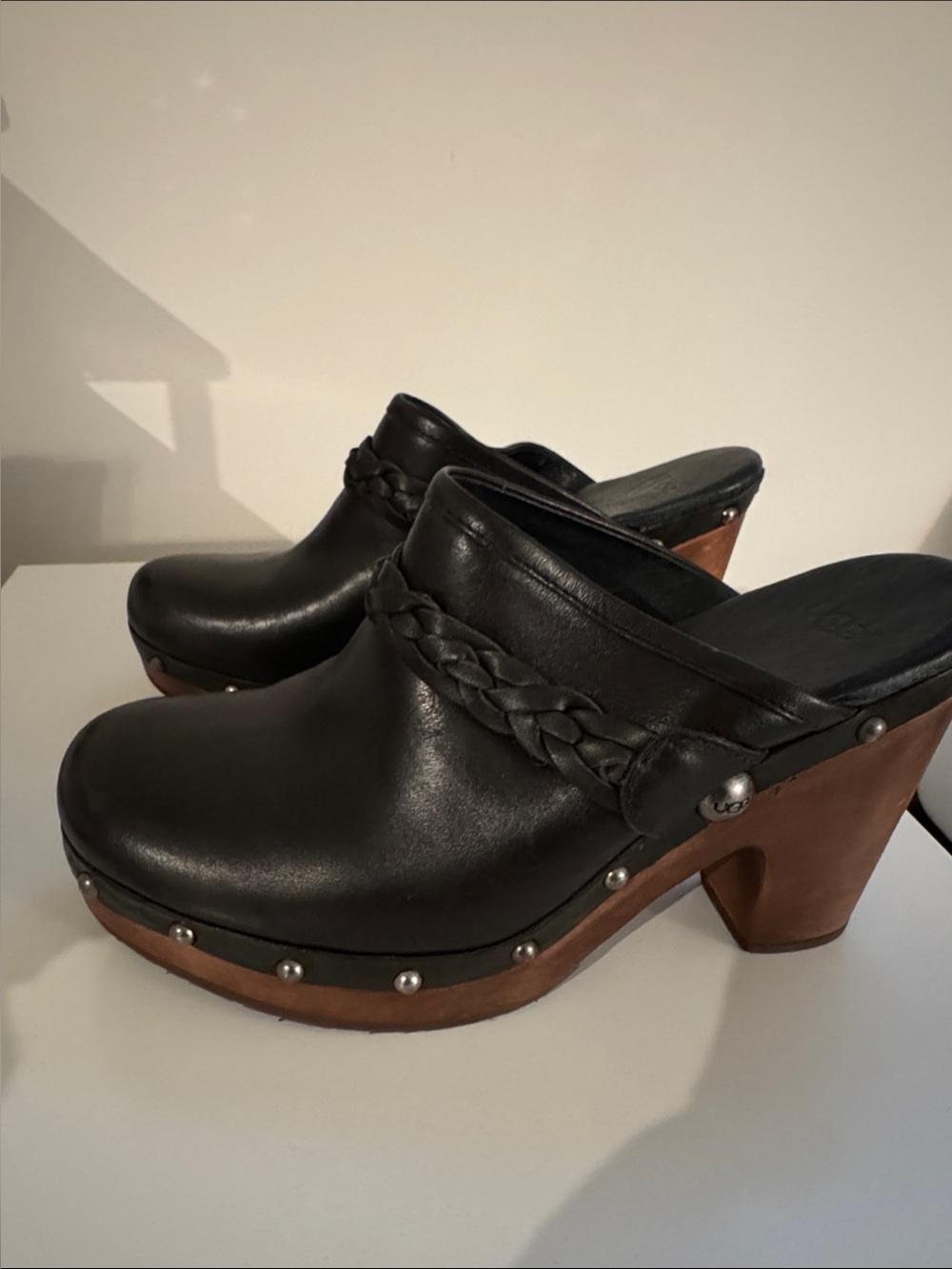 UGG Black Leather Braided Clog Mules with Wooden Heel - Picture 4 of 6